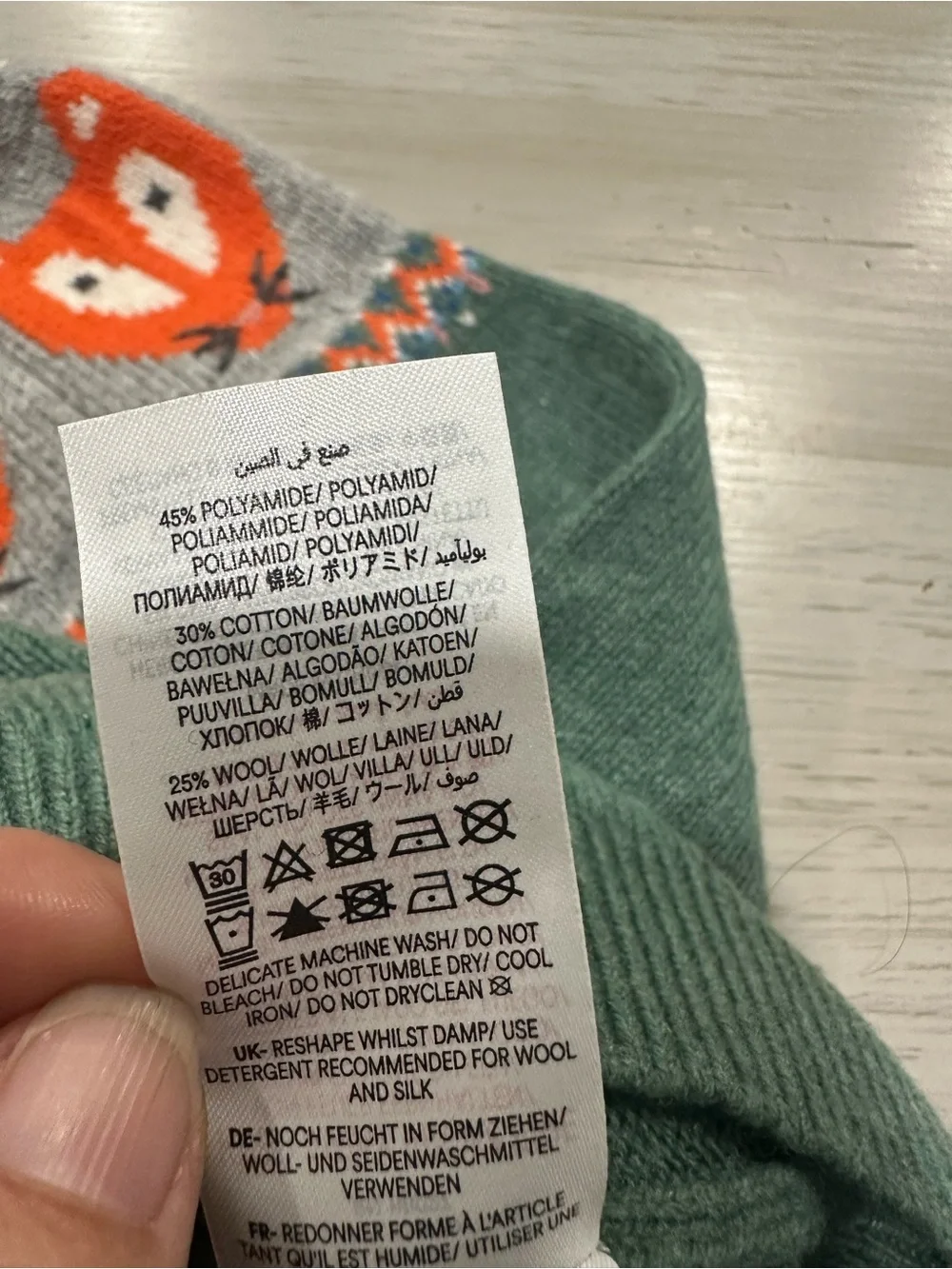 Mini Boden Kids Crew Neck Fair Isle Fox Sweater Green 2-3 Wool Cotton Boy/Girl